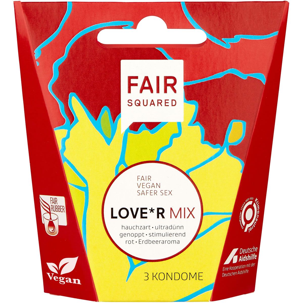 Emballage Fair Squared Love*r Mix. Logo, nom du produit, 3 préservatifs. Label Vegan. Logo Deutsche Aidshilfe.