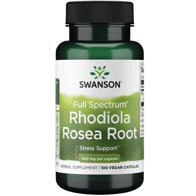 Flacon vert, bouchon noir. Inscription: SWANSON Rhodiola Rosea Root, 400 mg par capsule. 100 gélules végétales.