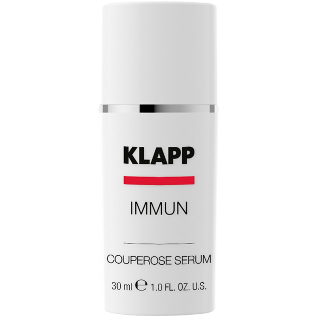 Witte flacon met zilveren ring. Opschrift: KLAPP, Immun, Couperose Serum. Rode balk. 30 ml, 1.0 FL. OZ. U.S.