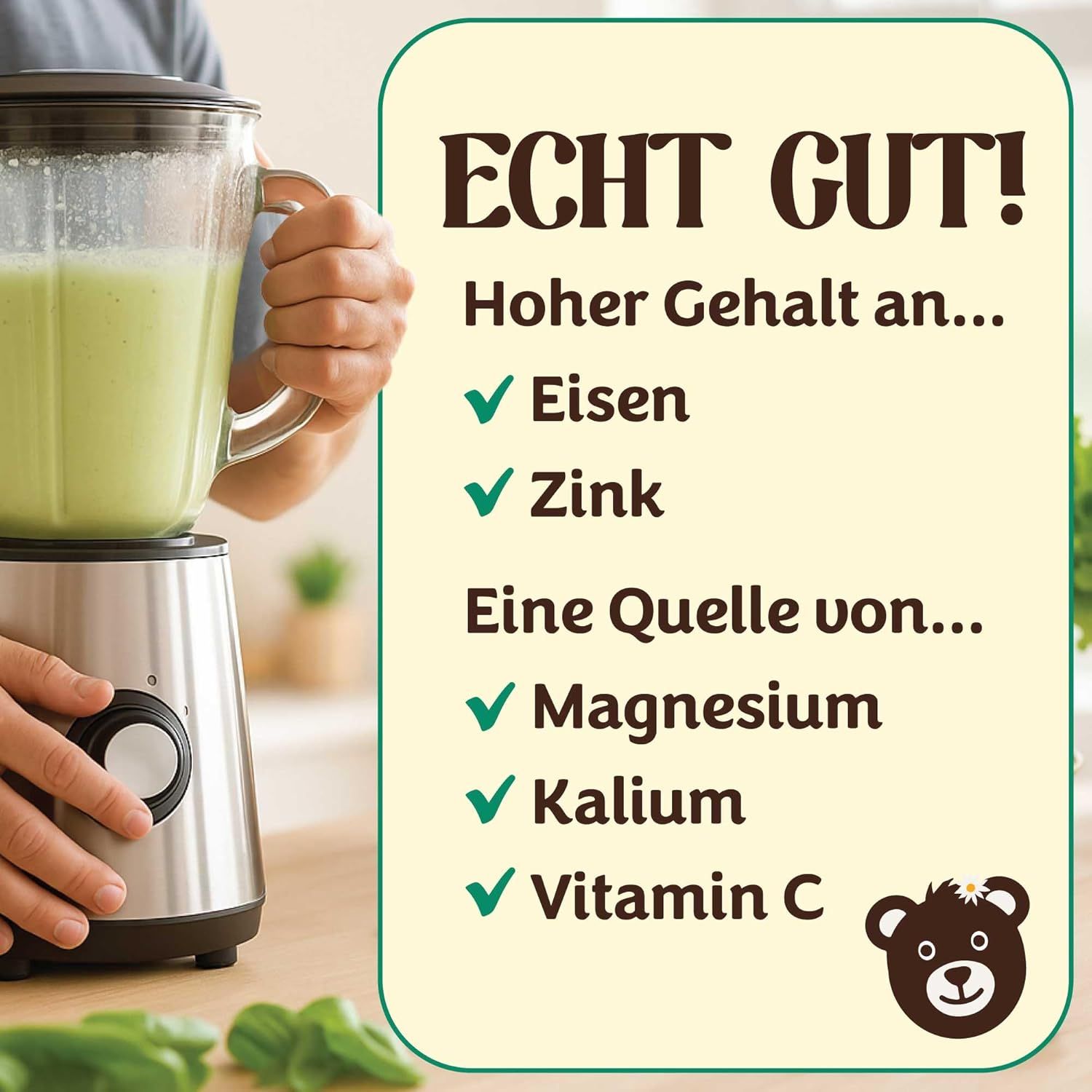Un mixeur avec un smoothie vert. Texte à côté : 'Vraiment bien !'. Riche en fer, zinc. Source de magnésium, potassium, vitamine C.