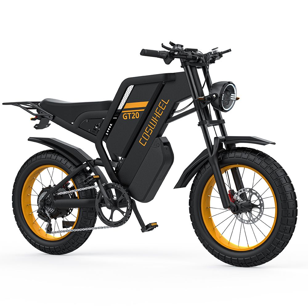 Vélo électrique noir, jantes jaunes. Inscription COSWHEEL GT20. Gros pneus, phare.