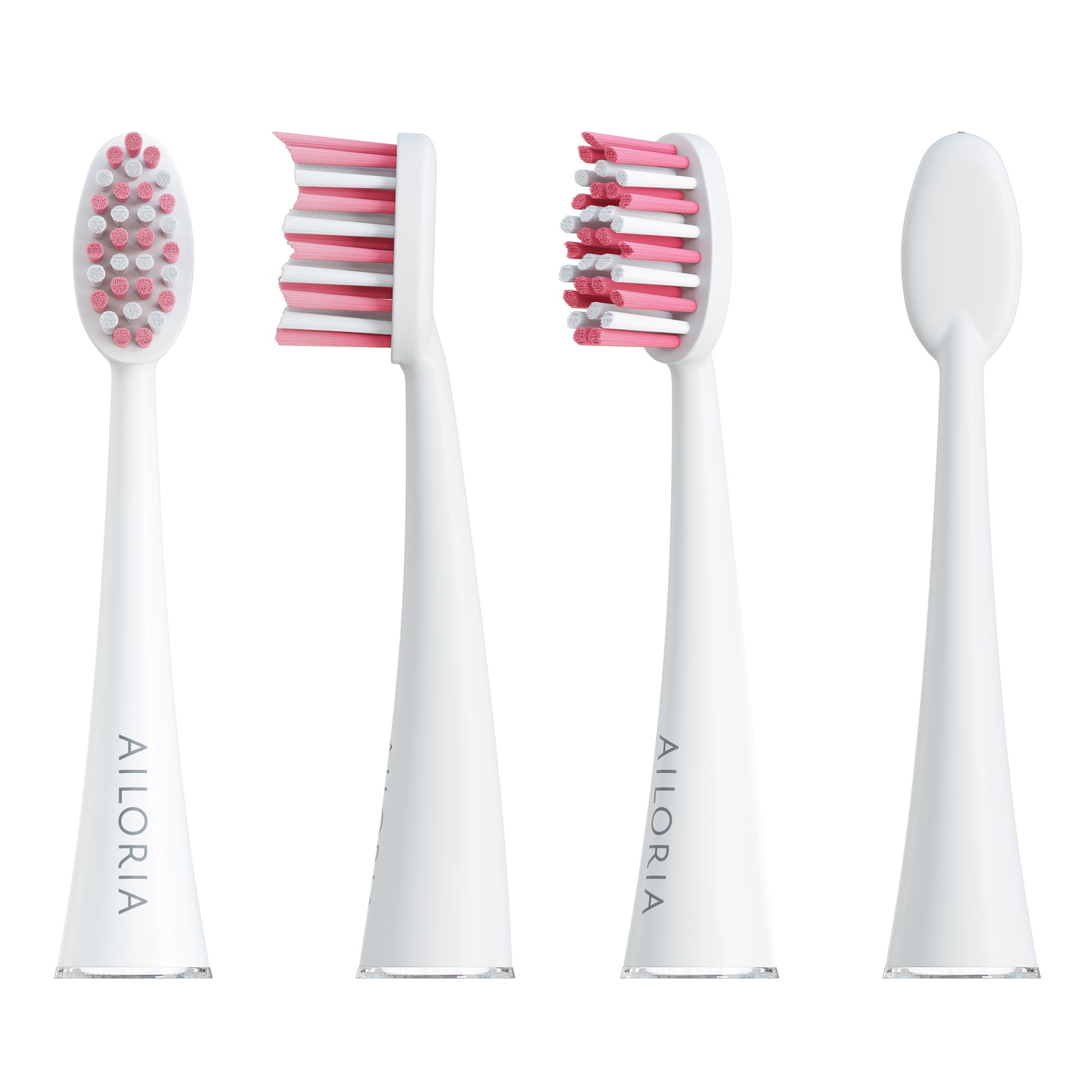 Quatre têtes de brosse blanches. Vues : poils, côté, poils, dos. Logo AILORIA.