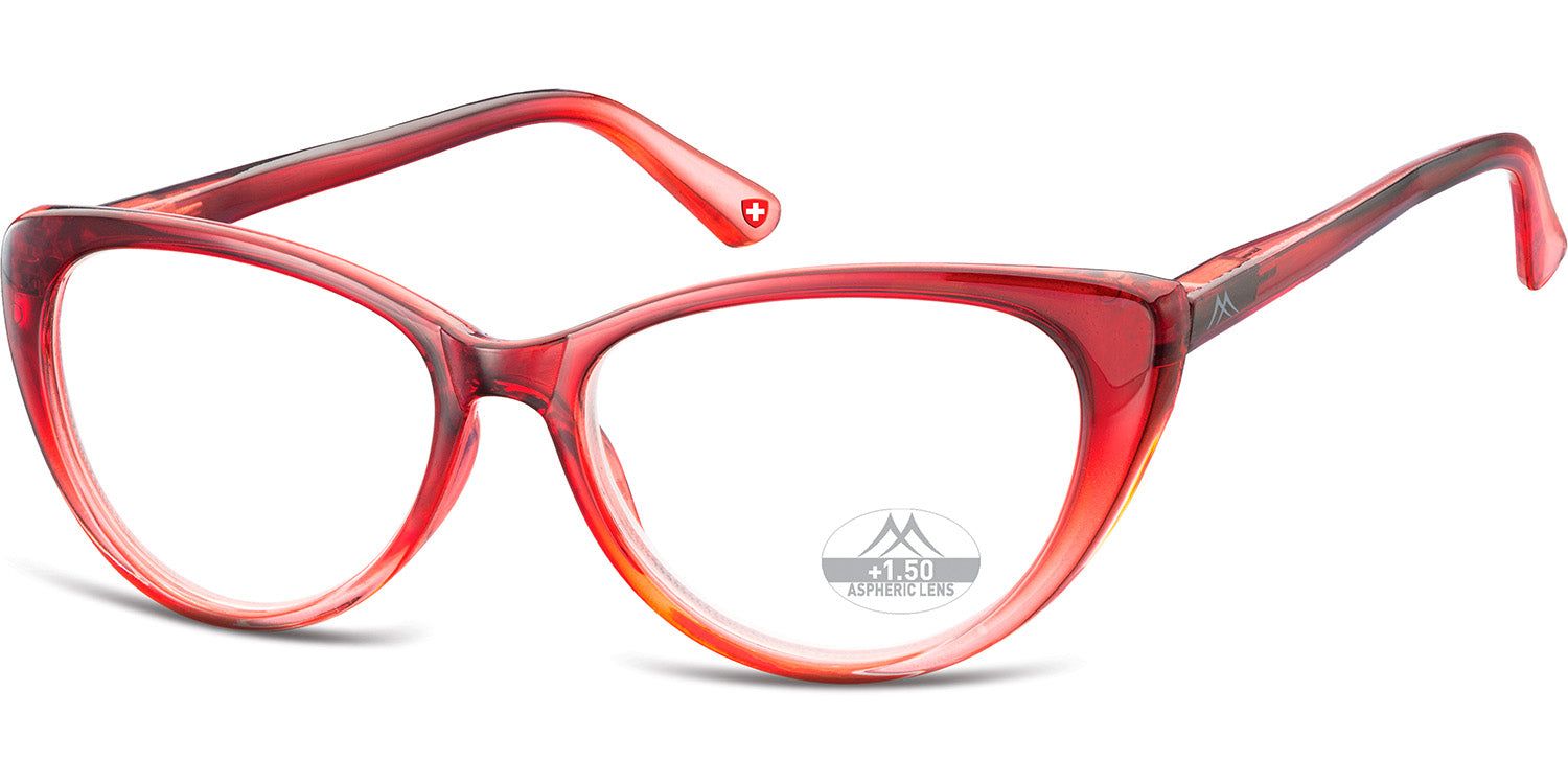Lunettes rouges en forme d'œil de chat. Dégradé de rouge à orange. "+1.50" et un logo sont visibles sur le verre.