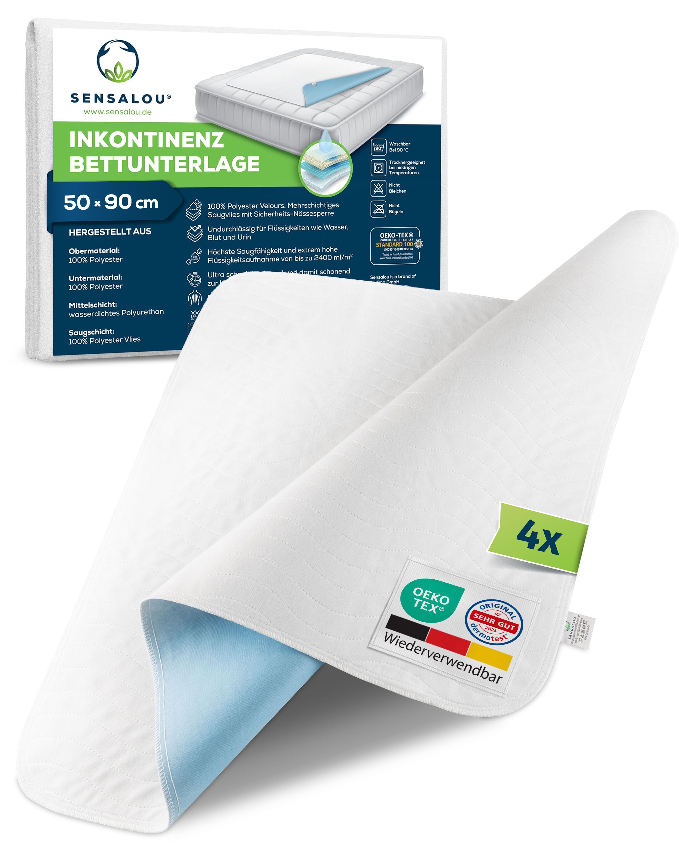 Alèse d'incontinence blanche, fond bleu, lot de 4. Certification Oeko-Tex. Réutilisable.