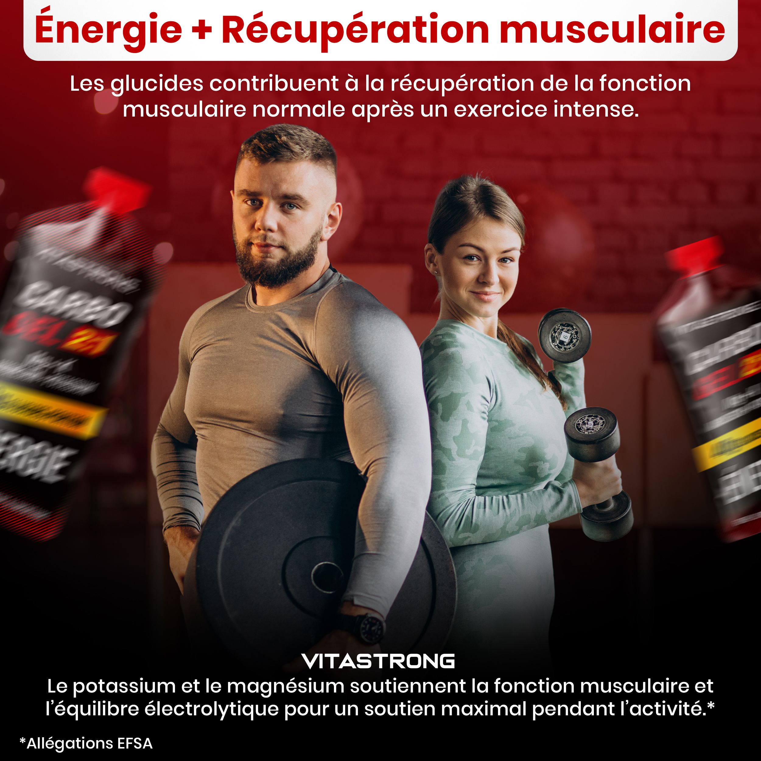 Vitastrong CARBO GEL 2:1. Sporters met gewichten. Tekst: Energie + spierherstel. Kalium & magnesium voor spieren.
