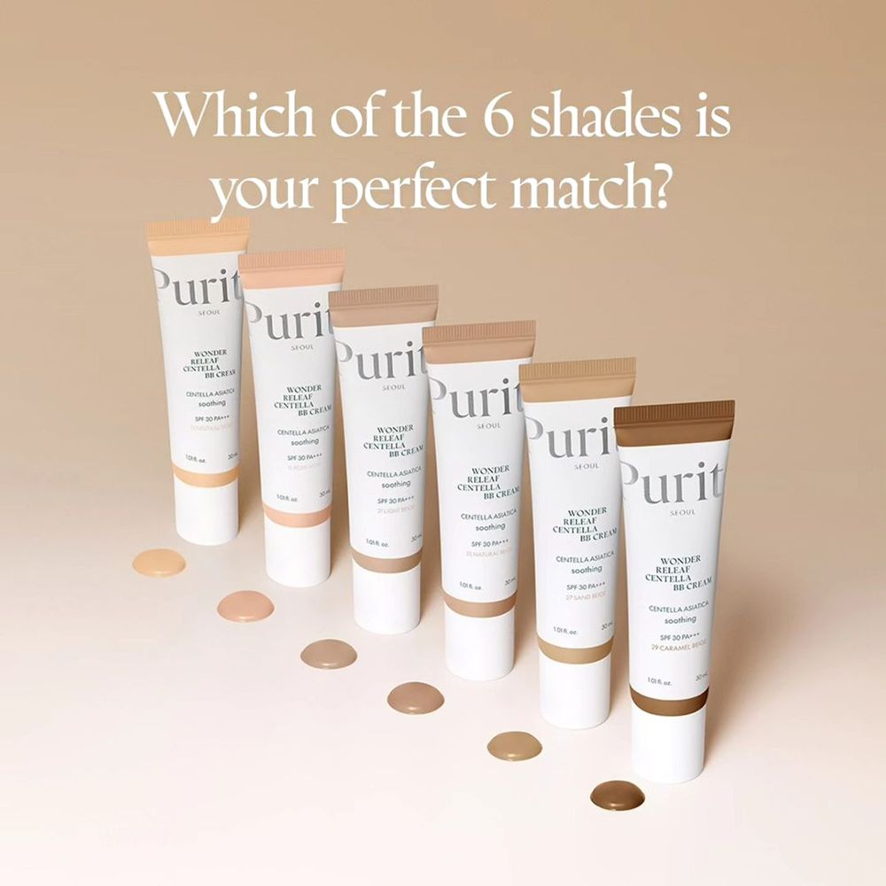 6 tubes Wonder Releaf Centella BB Cream in verschillende tinten. Merk Purito. Vraag: Welke van de 6 tinten is jouw perfecte match?