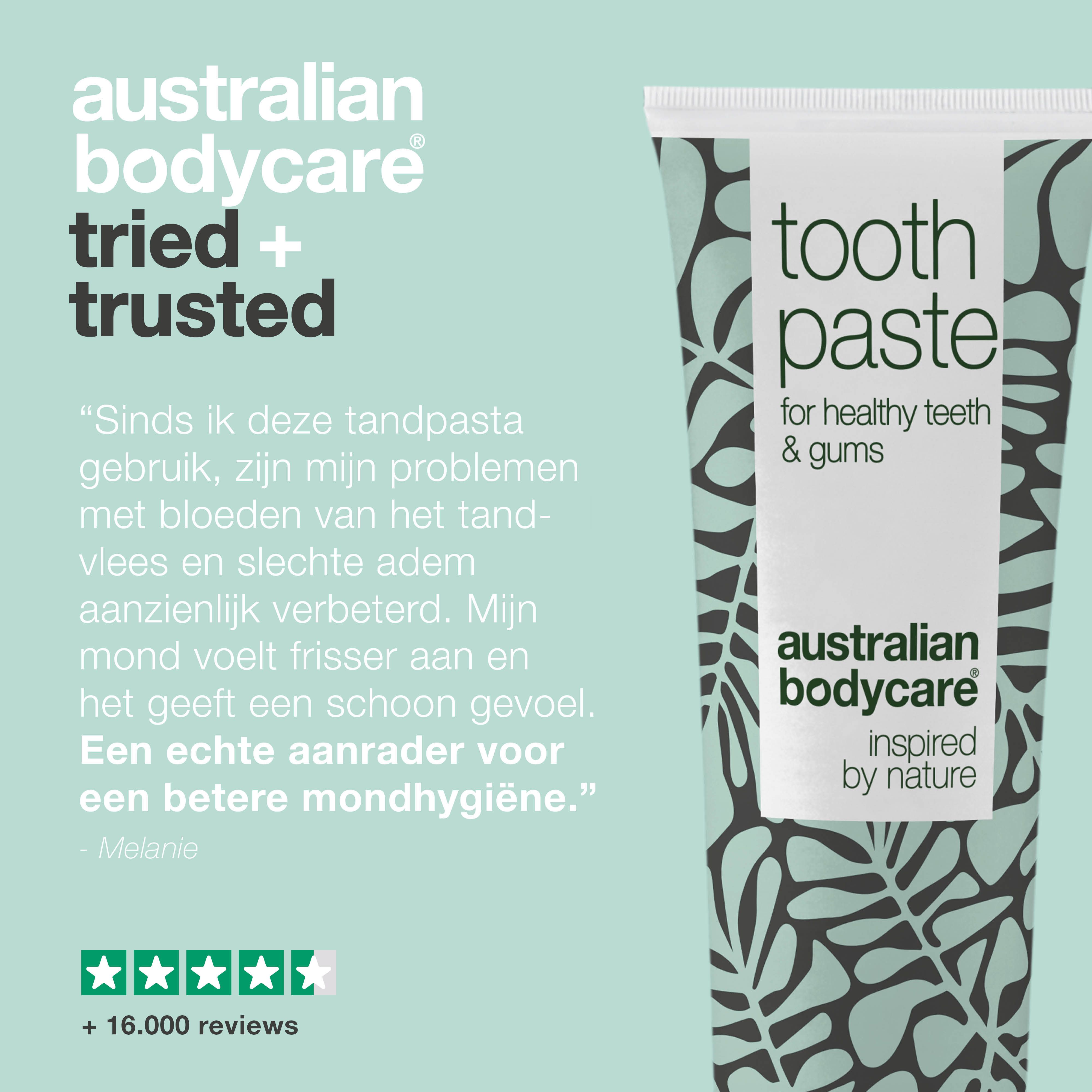 Tandpastatube met bloemenpatroon. Tekst: Toothpaste, voor gezonde tanden & tandvlees, Australian Bodycare, Freshmint. Citaat.