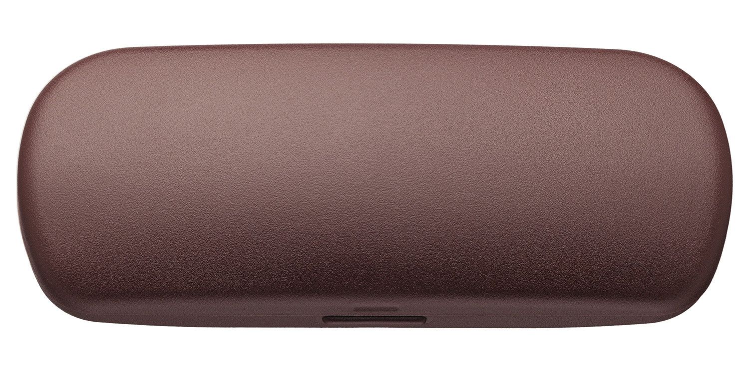 Étui en plastique marron, rectangulaire avec coins arrondis. Petite encoche en bas.