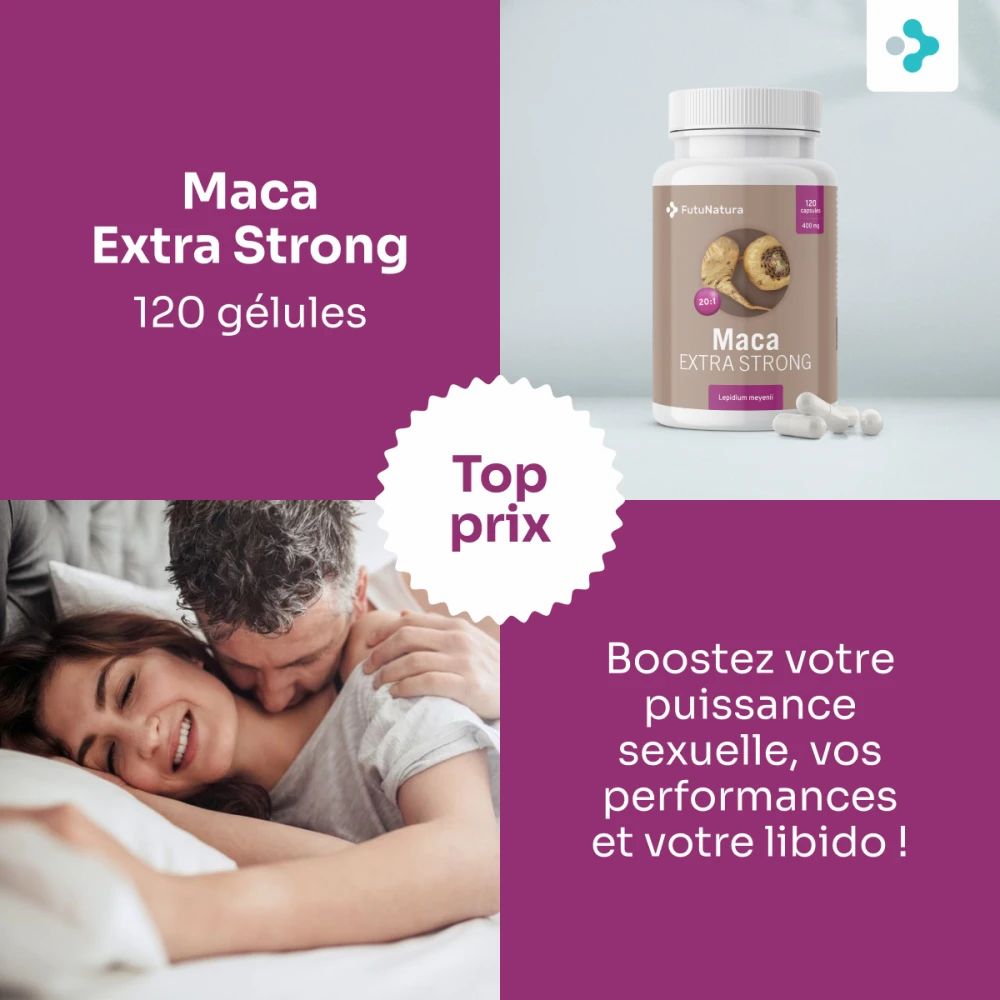 Image du produit : flacon de Maca Extra Strong et capsules. En arrière-plan : couple au lit. Texte : Top prix.