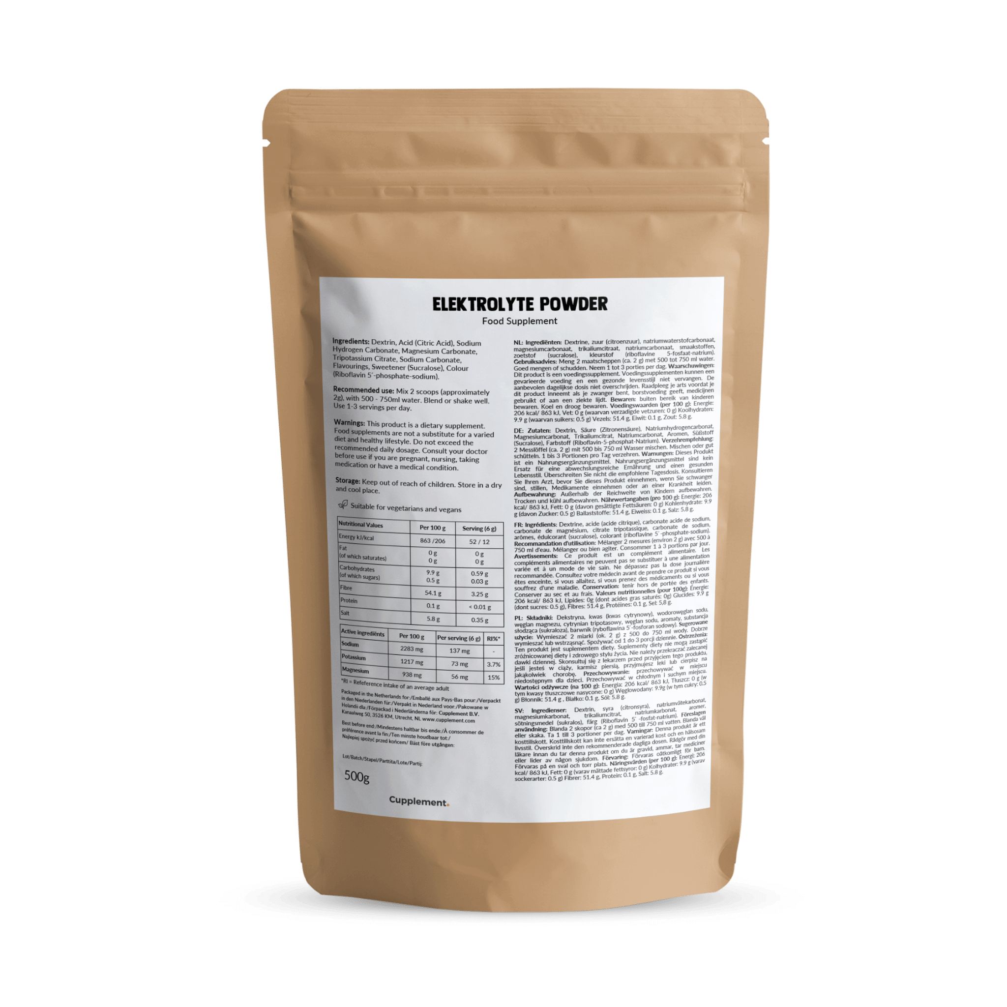 Sachet de poudre d'électrolytes. Inscription : Electrolyte Powder, Food Supplement. Contient des informations nutritionnelles et des ingrédients. Emballage brun.