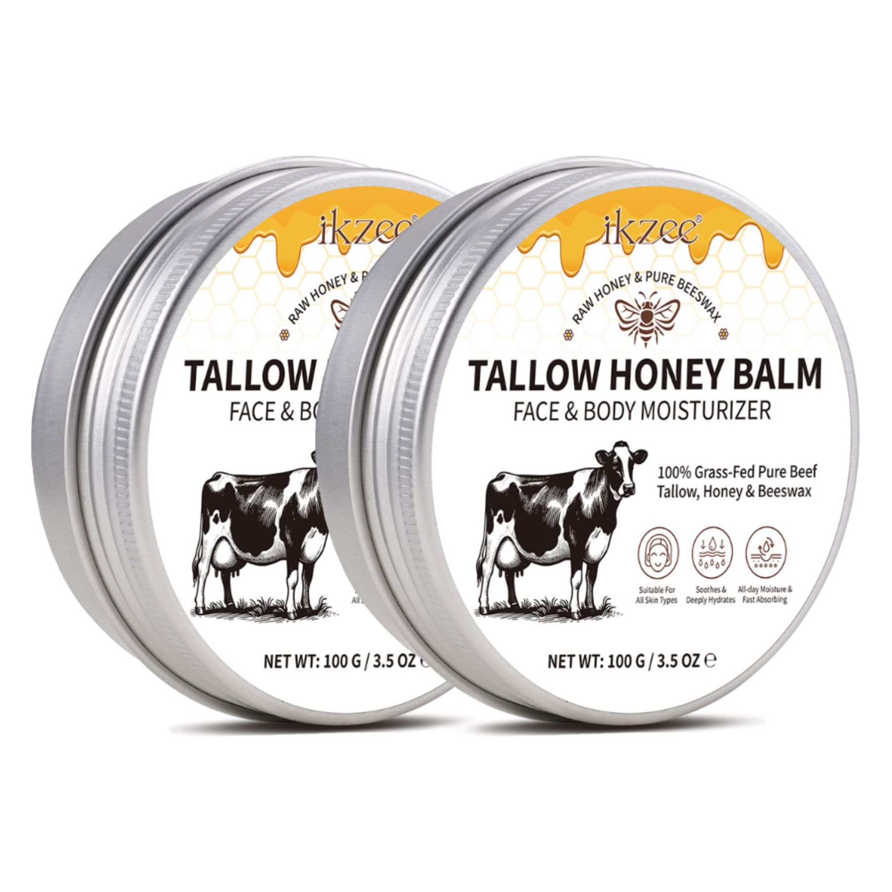 Deux pots de Tallow Honey Balm. Texte : Raw Honey & Pure Beeswax. Illustration de vache. Texte : 100% Grass-Fed Pure Beef Tallow, Honey & Beeswax.