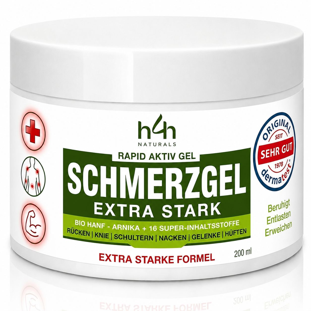 H4H Naturals Rapid Aktiv Gel pot met "Zeer Goed" en "Dermatest" label.