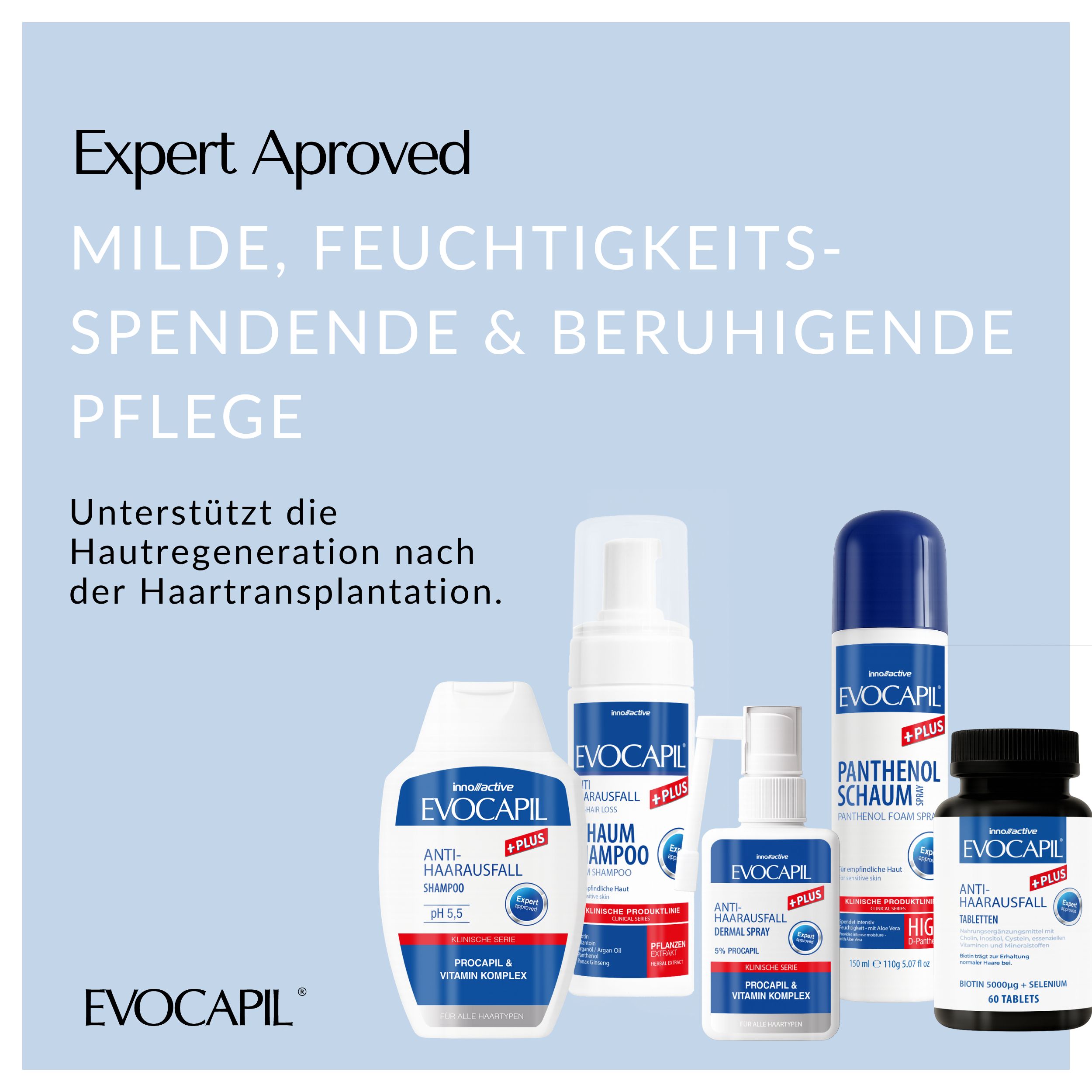 Verschillende Evocapil-producten: schuimspray, shampoo, spray, tabletten. Tekst: Milde, hydraterende & verzachtende verzorging.
