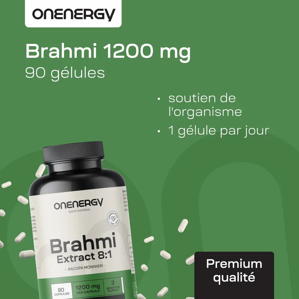 Flacon de gélules. Inscription : Brahmi 1200 mg, 90 gélules. Texte : Soutien de l'organisme, 1 gélule par jour.