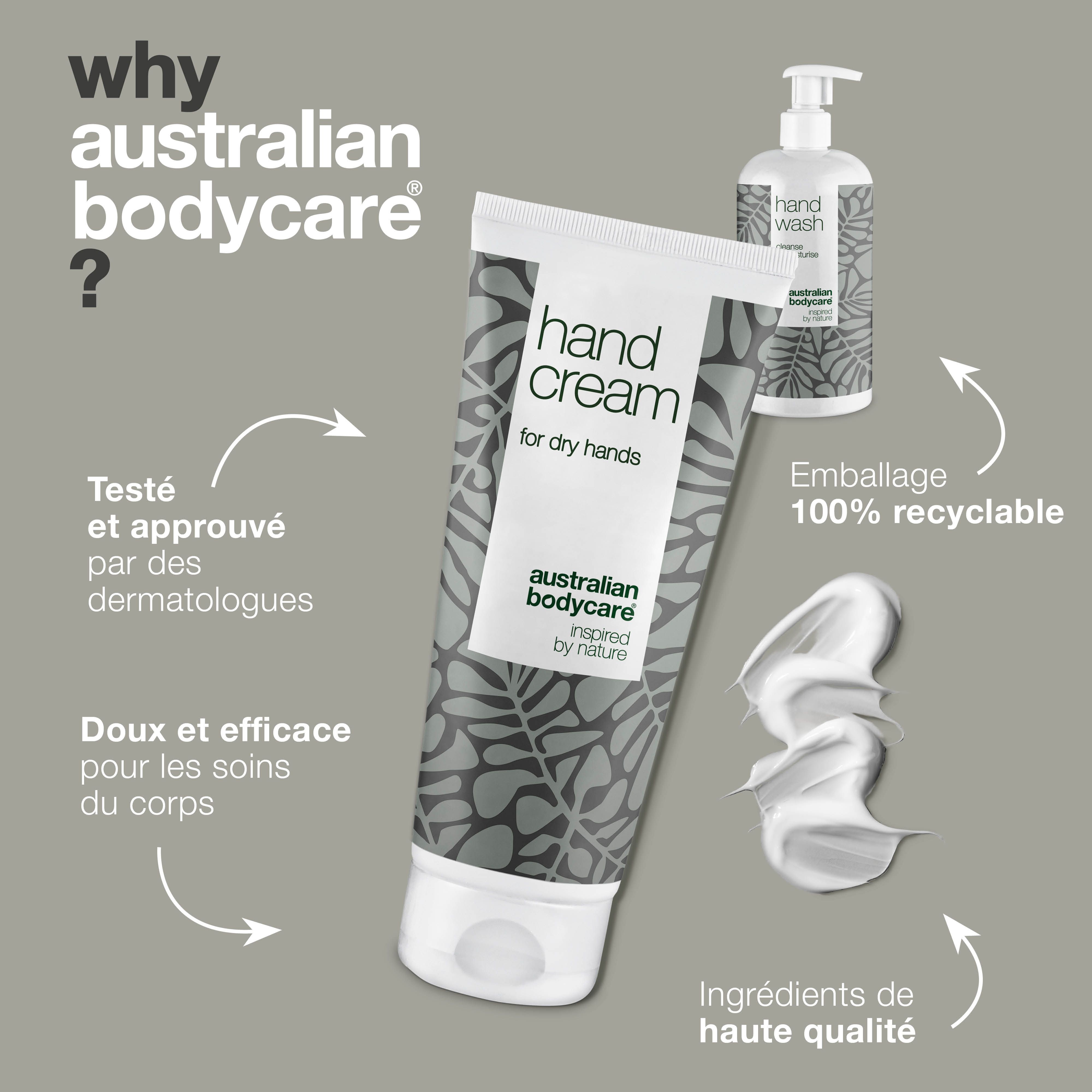 Crème pour les mains et lotion lavante. Texte : Testé et approuvé par les dermatologues, Emballage 100% recyclable, Ingrédients de qualité.