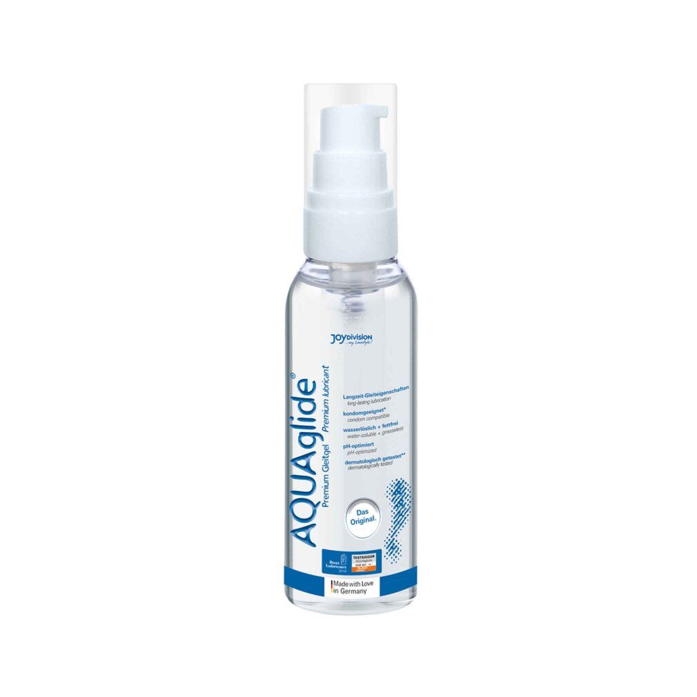 Transparante fles met witte pomp. Opschrift: AQUAglide, Joydivision. Benaming: premium gel.