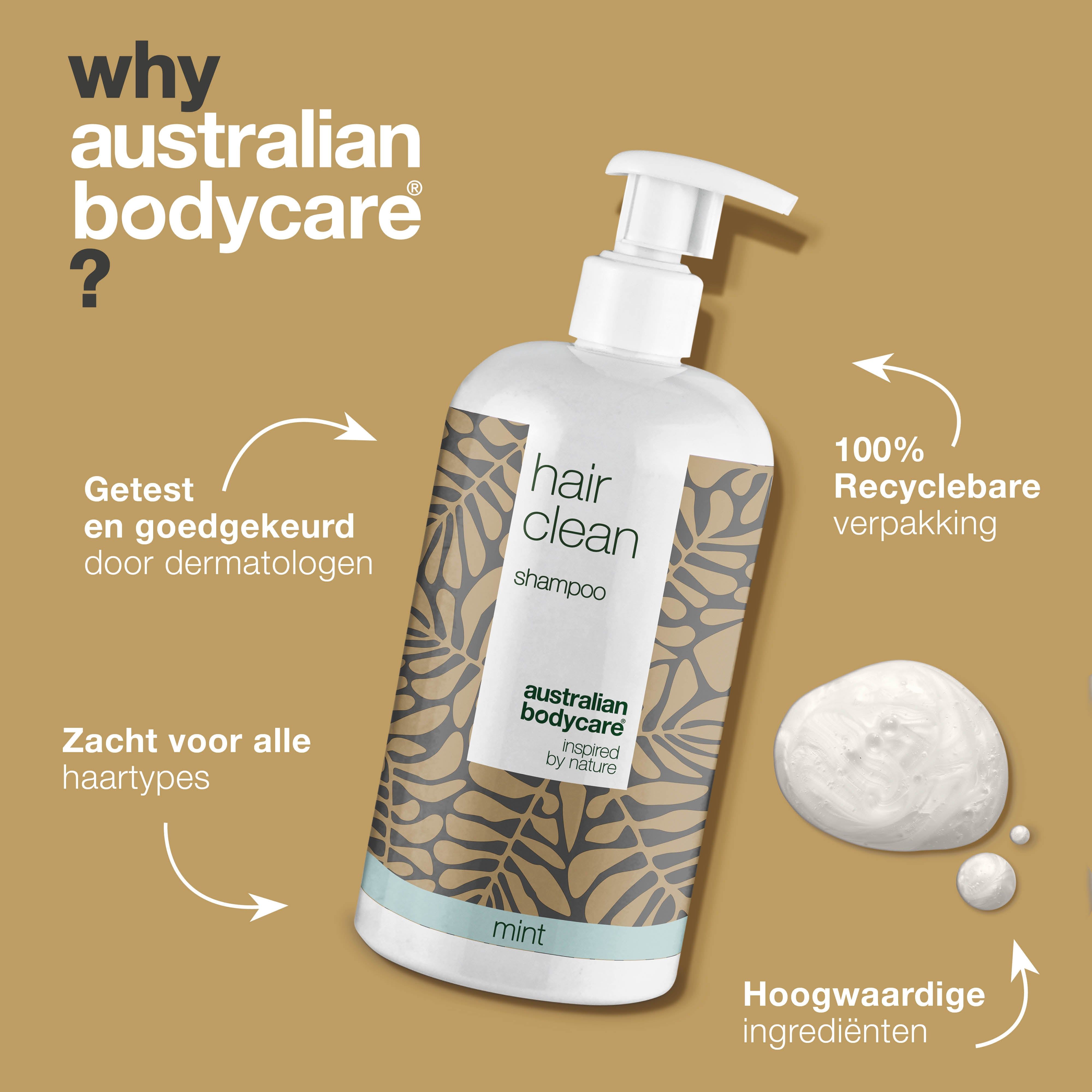 Shampoo fles met tekst. Opschrift: Hair Clean, Australian Bodycare. Tekst: Getest en goedgekeurd door dermatologen.