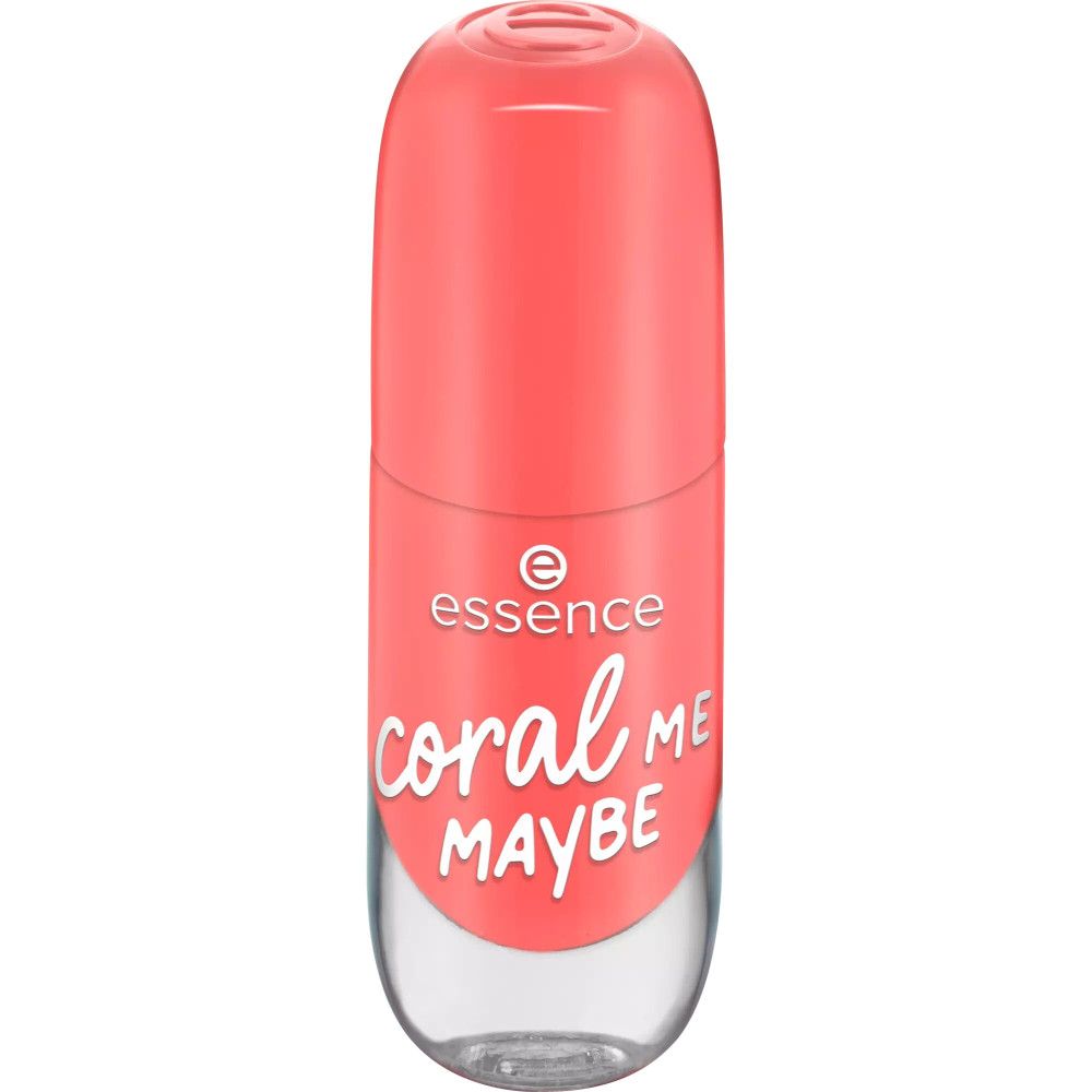 Flacon de vernis à ongles avec bouchon. Inscription: essence coral ME MAYBE.