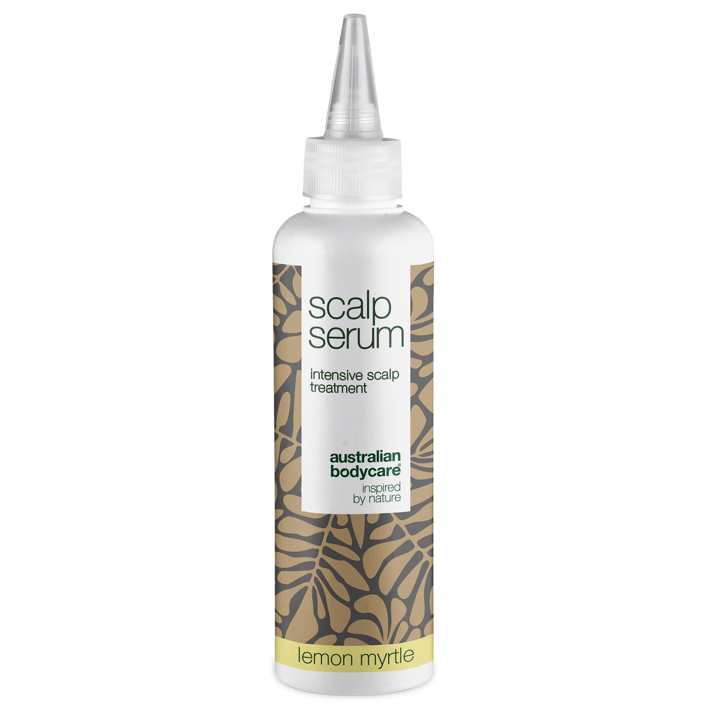 Flacon blanc avec embout. Inscription : Scalp Serum, australian bodycare, Lemon Myrtle.