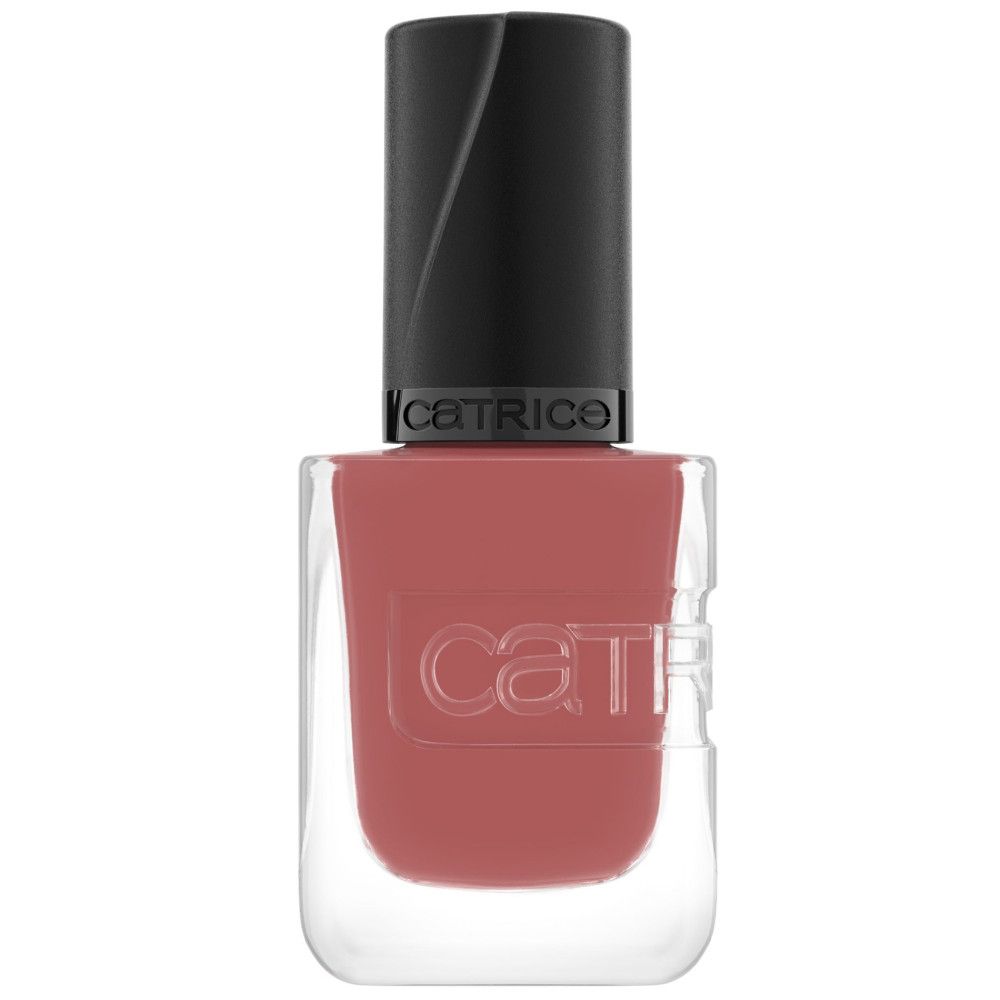 Flacon de vernis à ongles rose, avec bouchon noir. Marque Catrice. Flacon carré.
