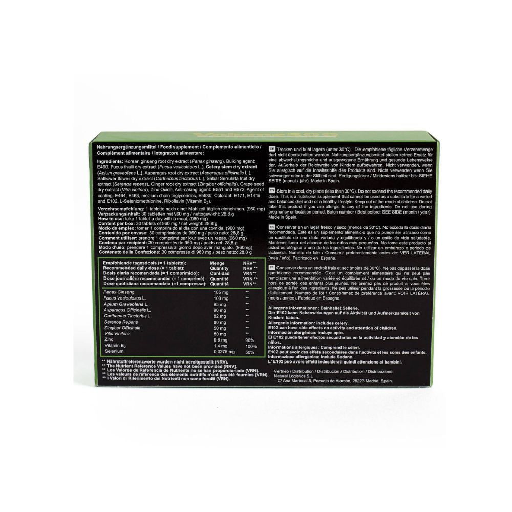 Dos de l'emballage Volume500+ avec ingrédients et instructions. Texte en plusieurs langues.