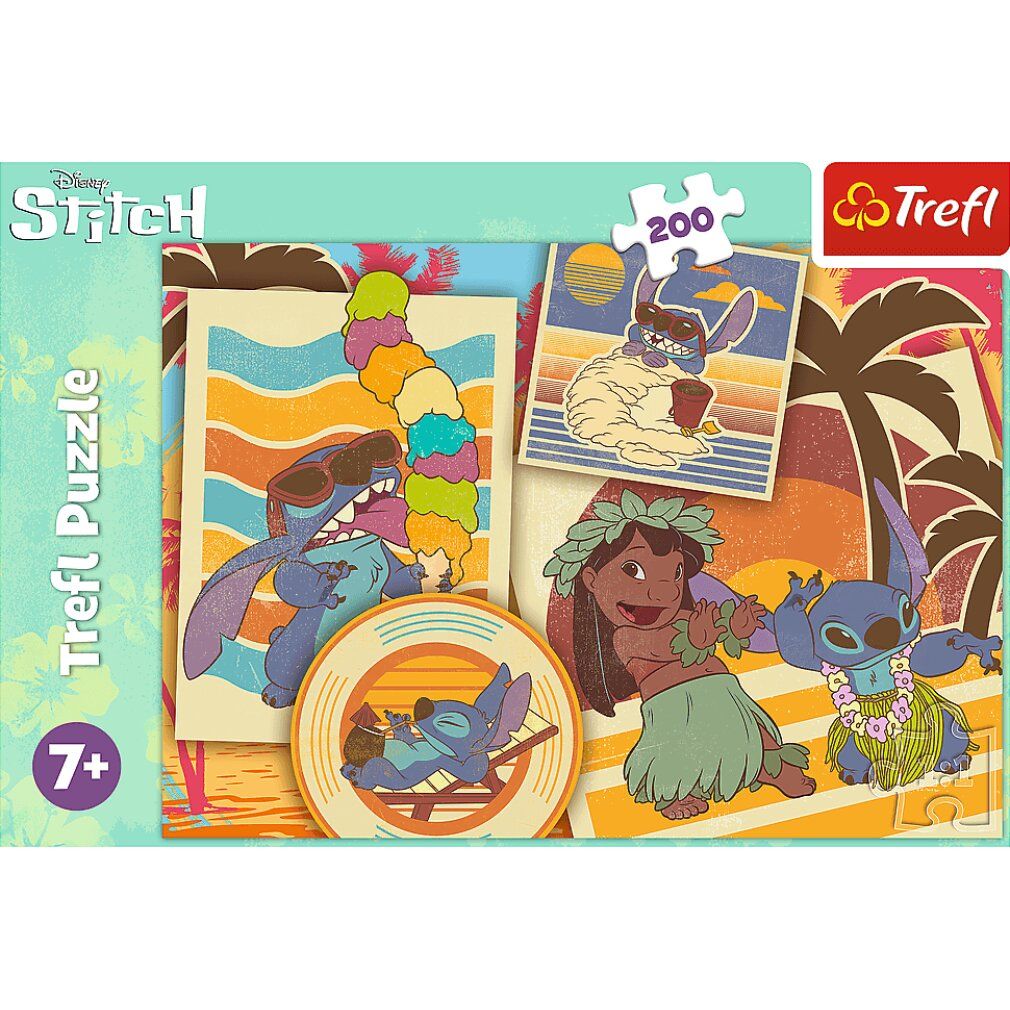 Boîte de puzzle avec motif Lilo & Stitch. L'emballage montre le design du puzzle fini. Marque Trefl, 200 pièces, à partir de 7 ans.