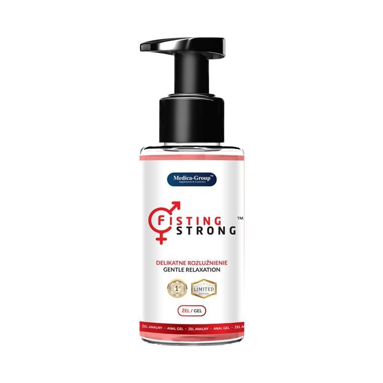 Flacon avec pompe, gel "Fisting Strong", inscription "Gentle Relaxation".