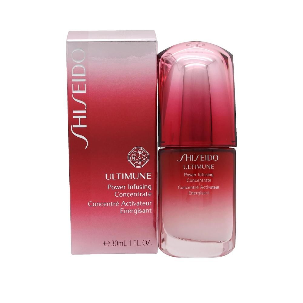 Flacon et emballage. Inscriptions: SHISEIDO, ULTIMUNE Power Infusing Concentrate. Flacon avec bouchon rouge et corps transparent.