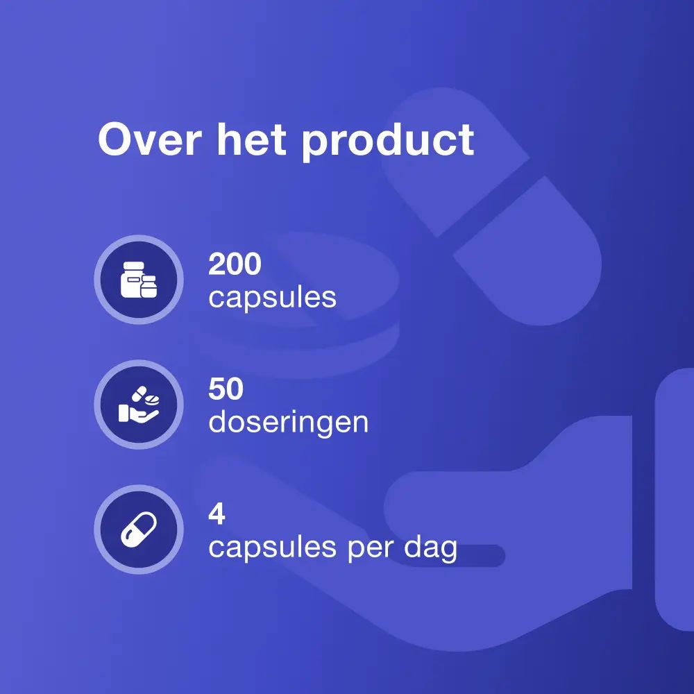 Productinformatie: 200 capsules, 50 doseringen, 4 capsules per dag.