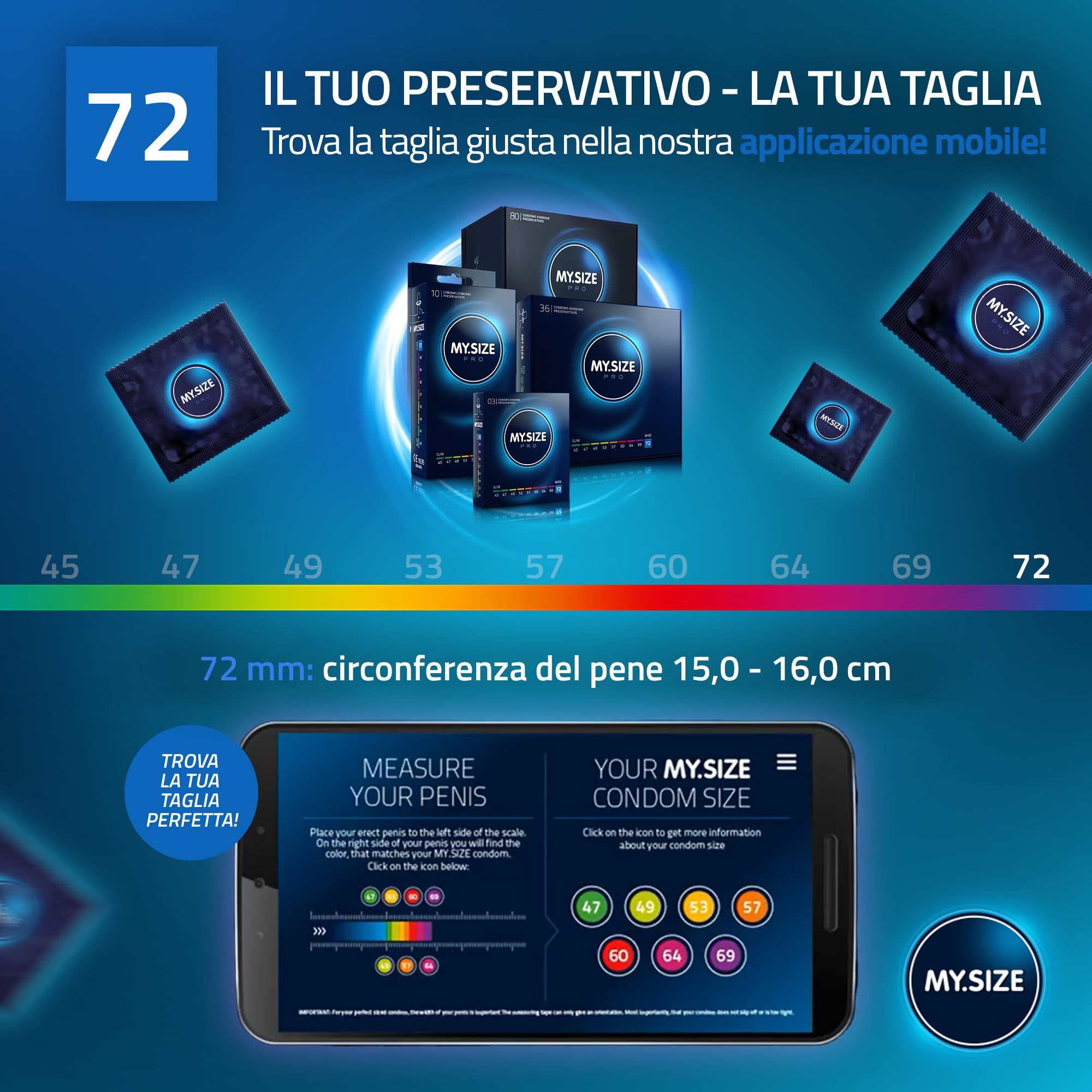 My.Size PRO: Maattabel en app-instructie voor condooms, maat 72mm.