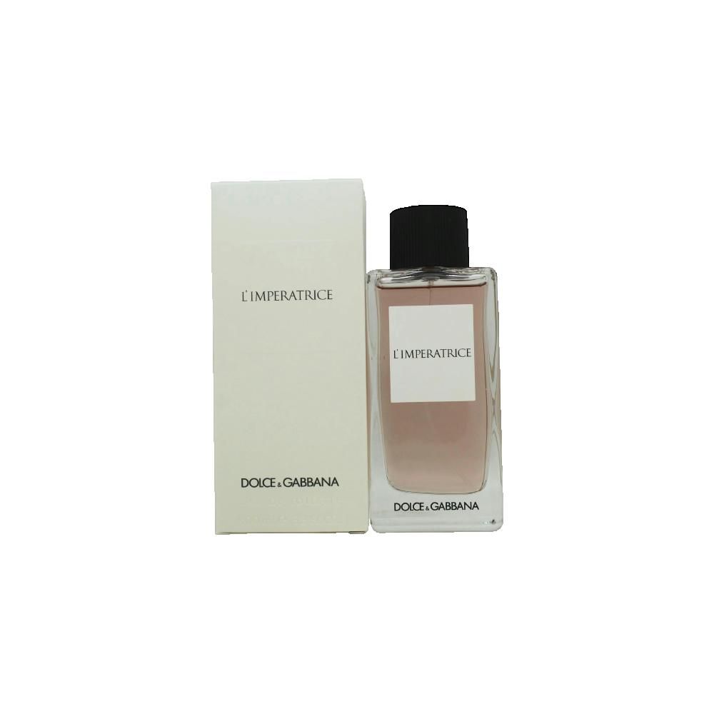 Parfumfles en verpakking. Opschrift: L'IMPERATRICE, DOLCE & GABBANA. Fles met zwarte dop, roze vloeistof.