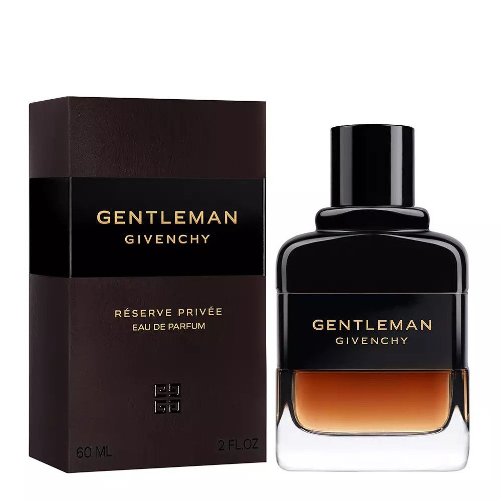 Givenchy Gentleman Réserve Privée Eau de Parfum. Flacon et emballage. Flacon noir avec liquide brun. 60 ml.