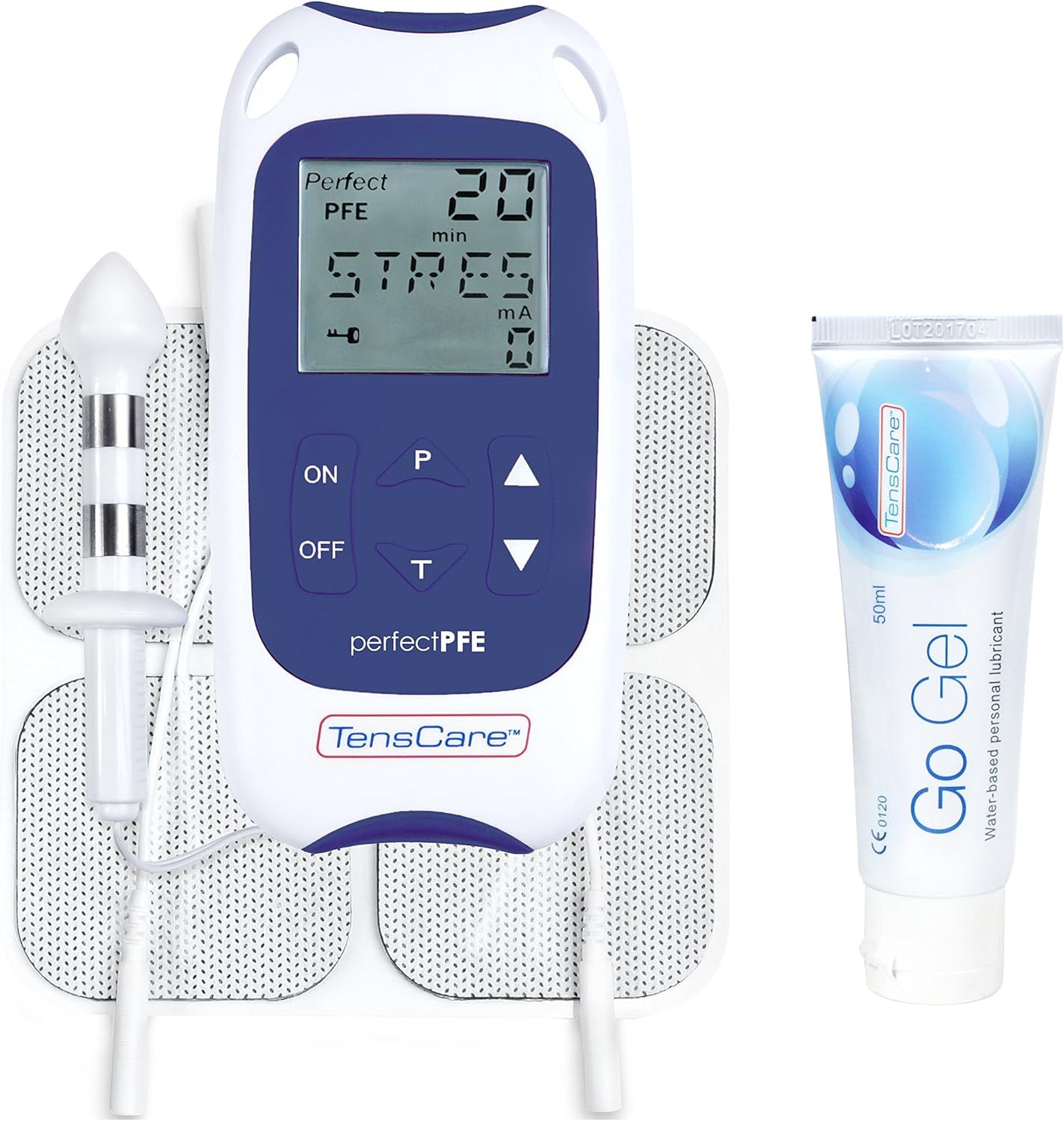 Appareil d'exercices du plancher pelvien, électrodes, sonde et gel lubrifiant. Appareil avec écran et commandes. Marque : TensCare.
