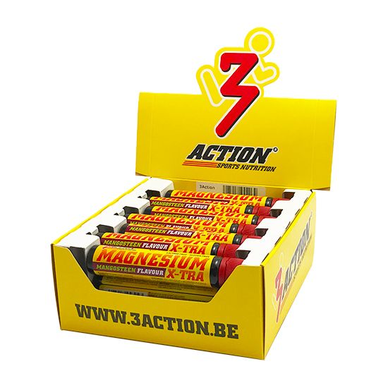 Boîte jaune de sticks Magnesium X-Tra. Inscription : 3Action, Magnesium, Mangosteen Flavour. Boîte ouverte, sticks visibles.