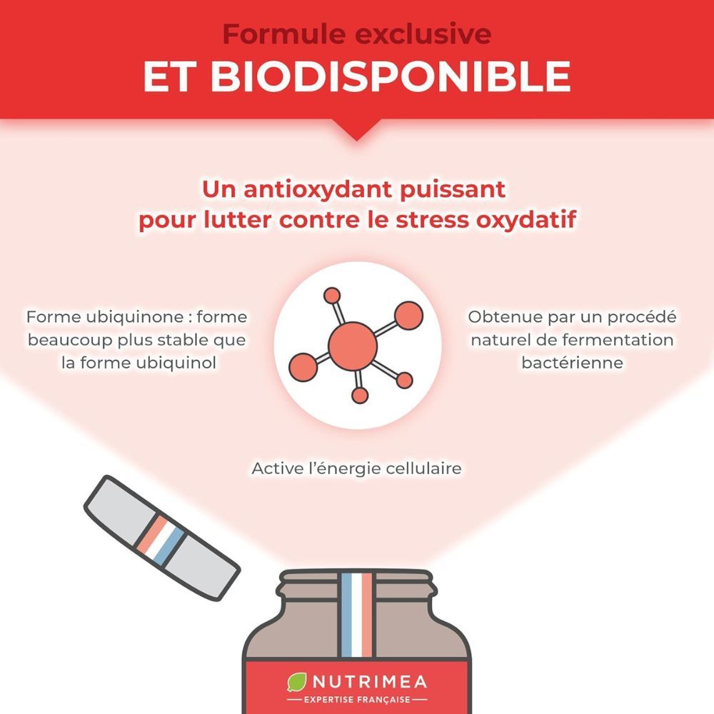 Graphique avec des informations sur la formule exclusive. Montre une bouteille du produit et une gélule.