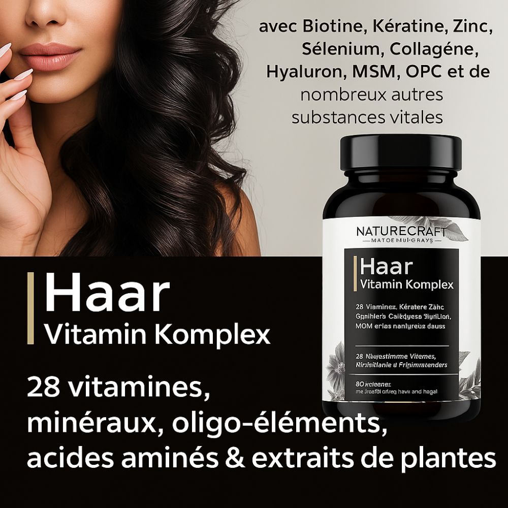 Image publicitaire avec femme et produit. Flacon de produit avec étiquette. Texte: Haar Vitamin Komplex. 28 vitamines, minéraux, oligo-éléments.