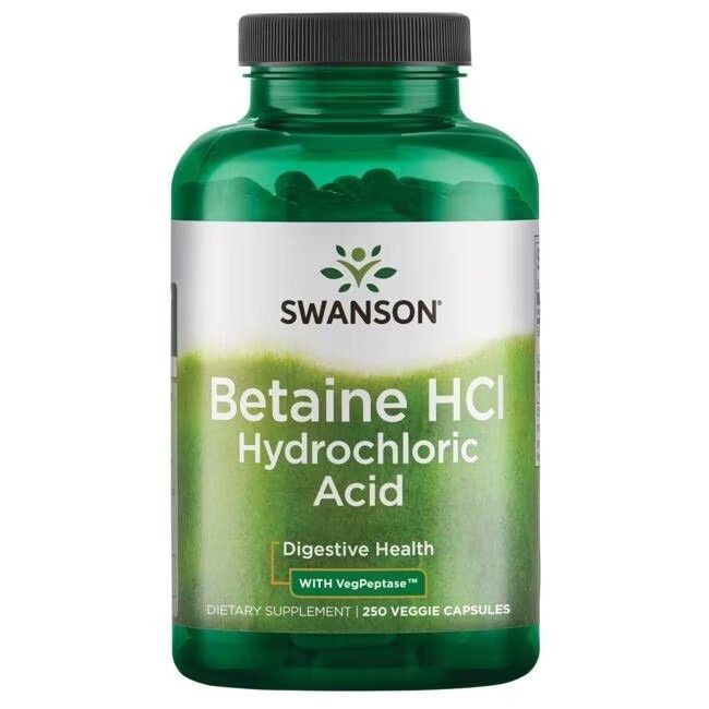 Flacon vert avec étiquette blanche. Inscription: SWANSON, Betaine HCl, Hydrochloric Acid, Digestive Health. 250 gélules végétales.