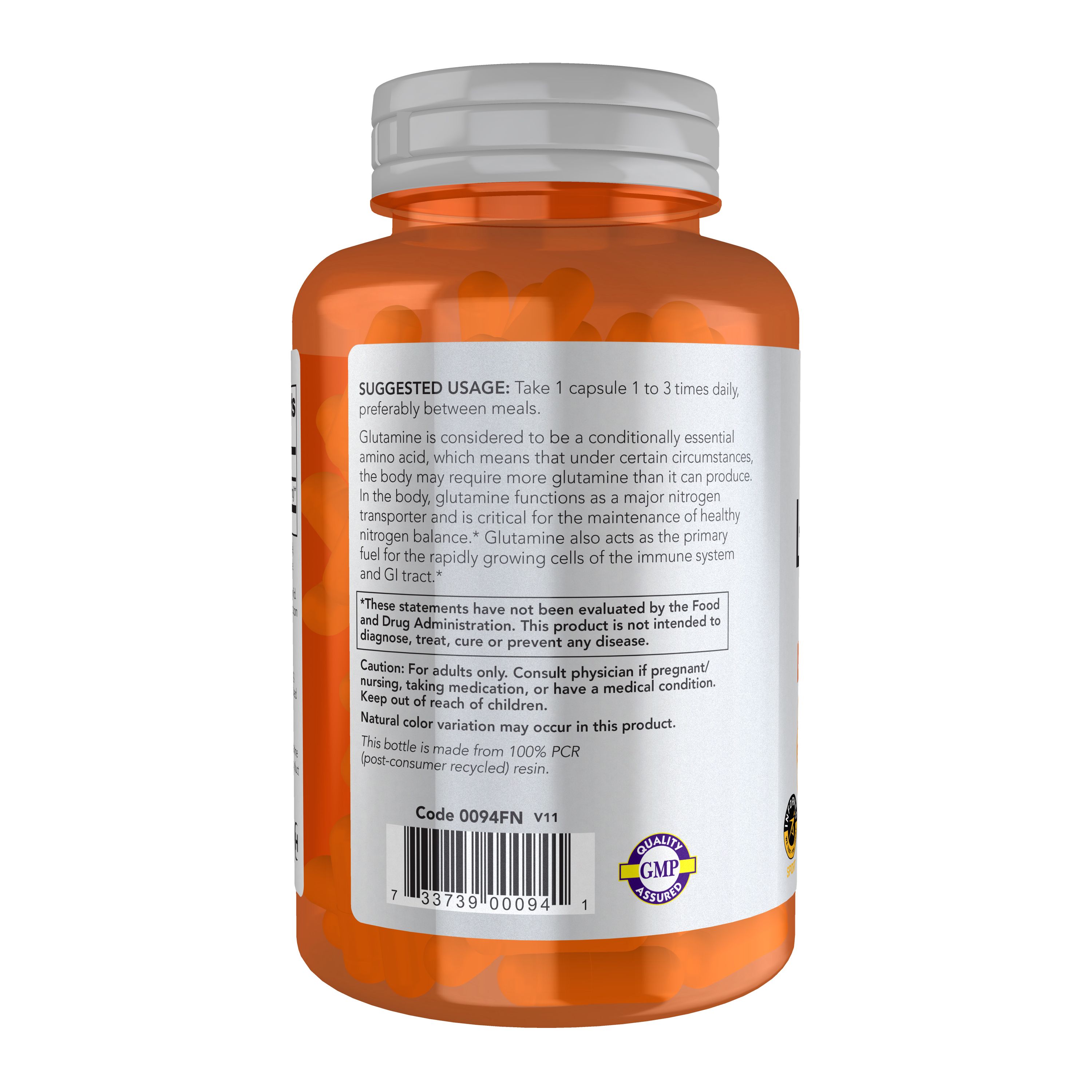 Arrière d'une bouteille de capsules de L-Glutamine avec informations nutritionnelles et instructions d'utilisation.