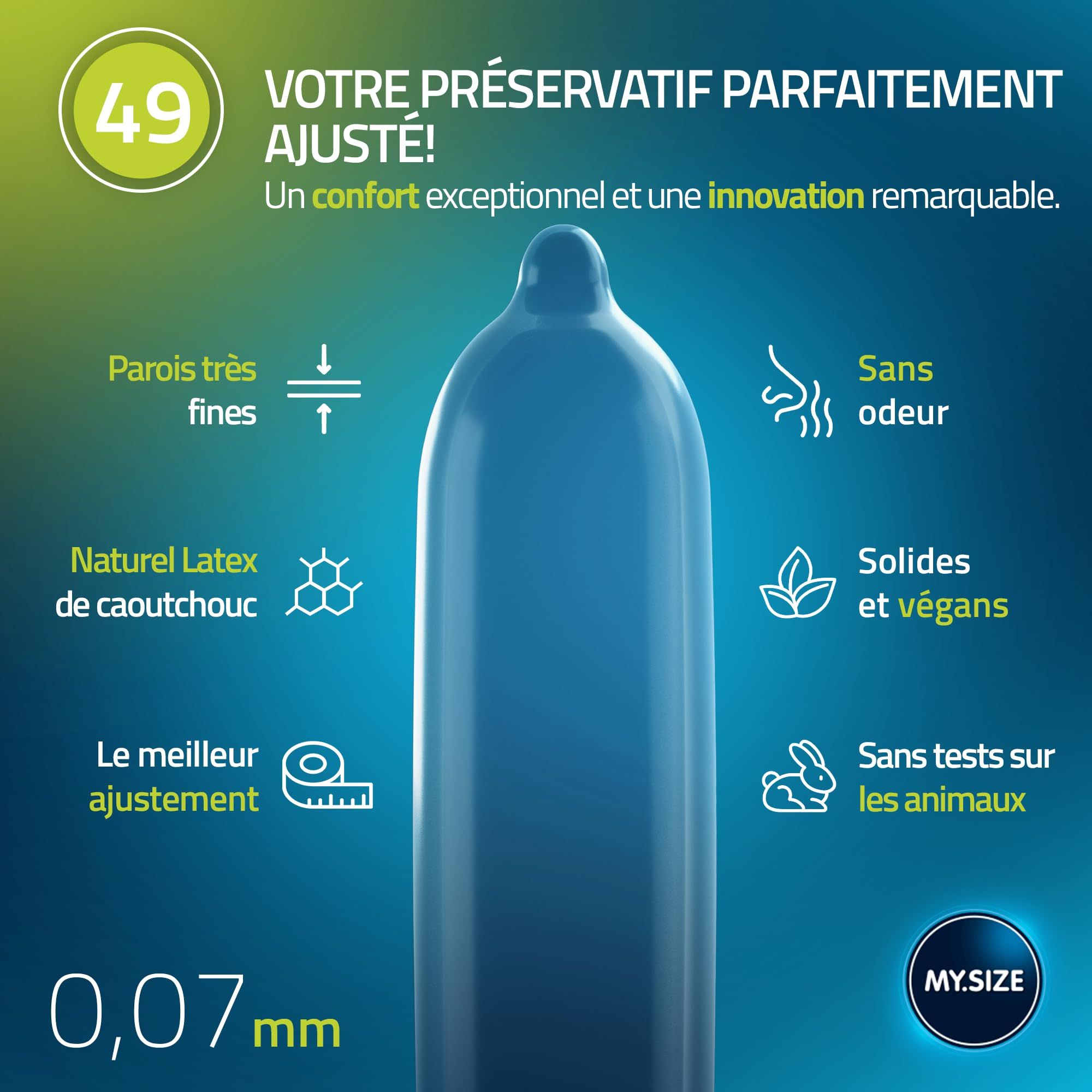 Préservatif MY.SIZE 49 : 0,07mm fin, latex naturel, végan, sans odeur.