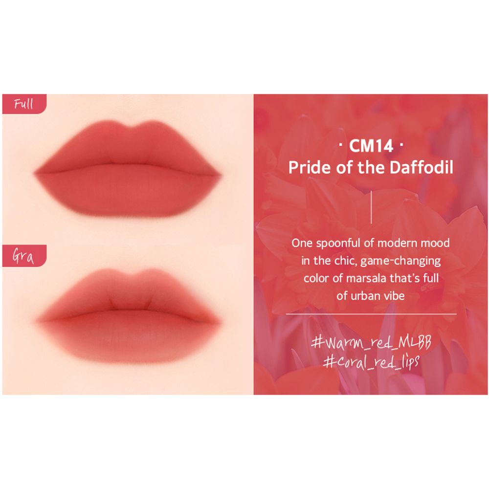Lèvres avec deux teintes. Texte: CM14, Pride of the Daffodil. Texte à côté: #Warm_red_MLBB, #coral_red_lips.