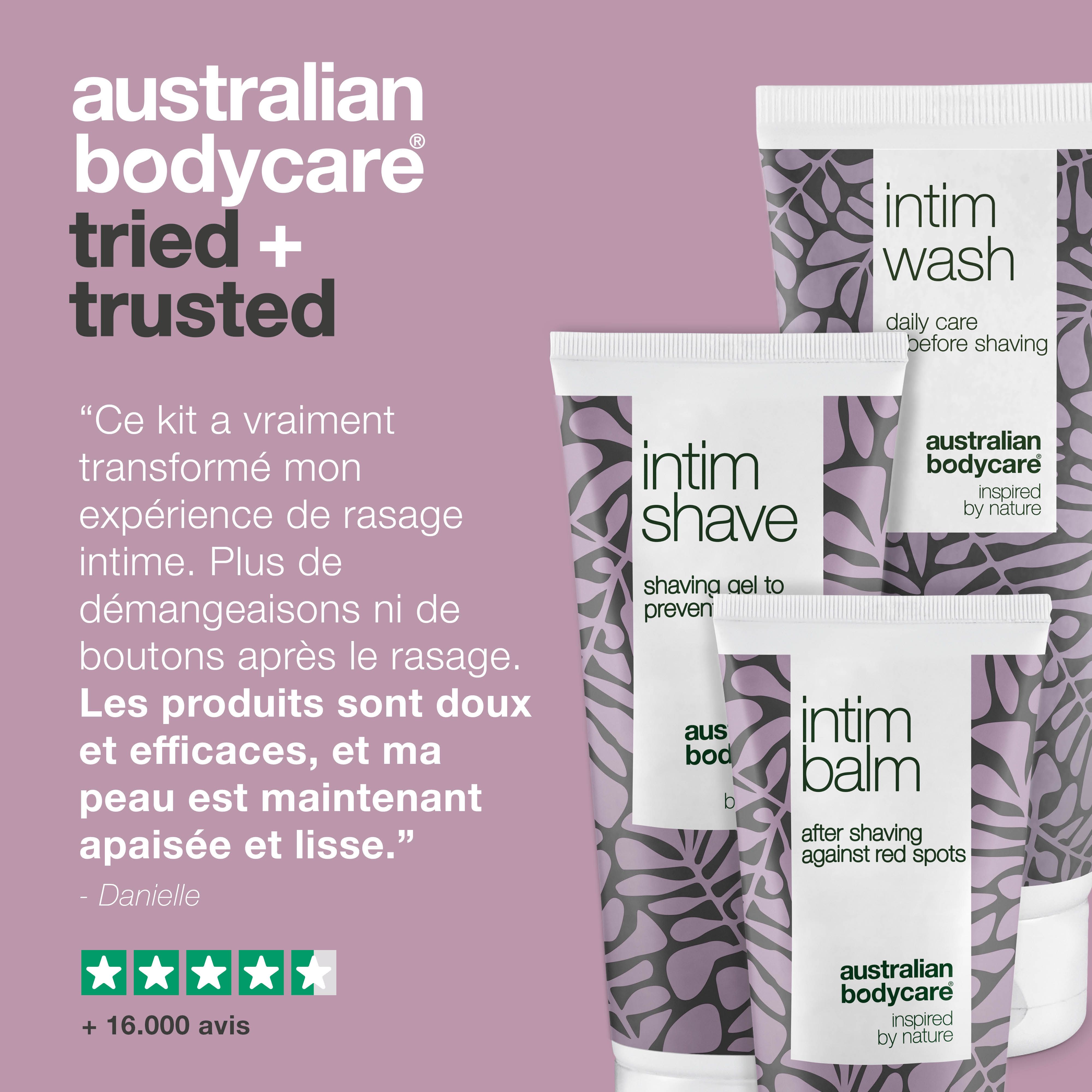 Kit Australian Bodycare Intimrasur : Intim Wash, Intim Balm, Intim Shave. Texte et logos.