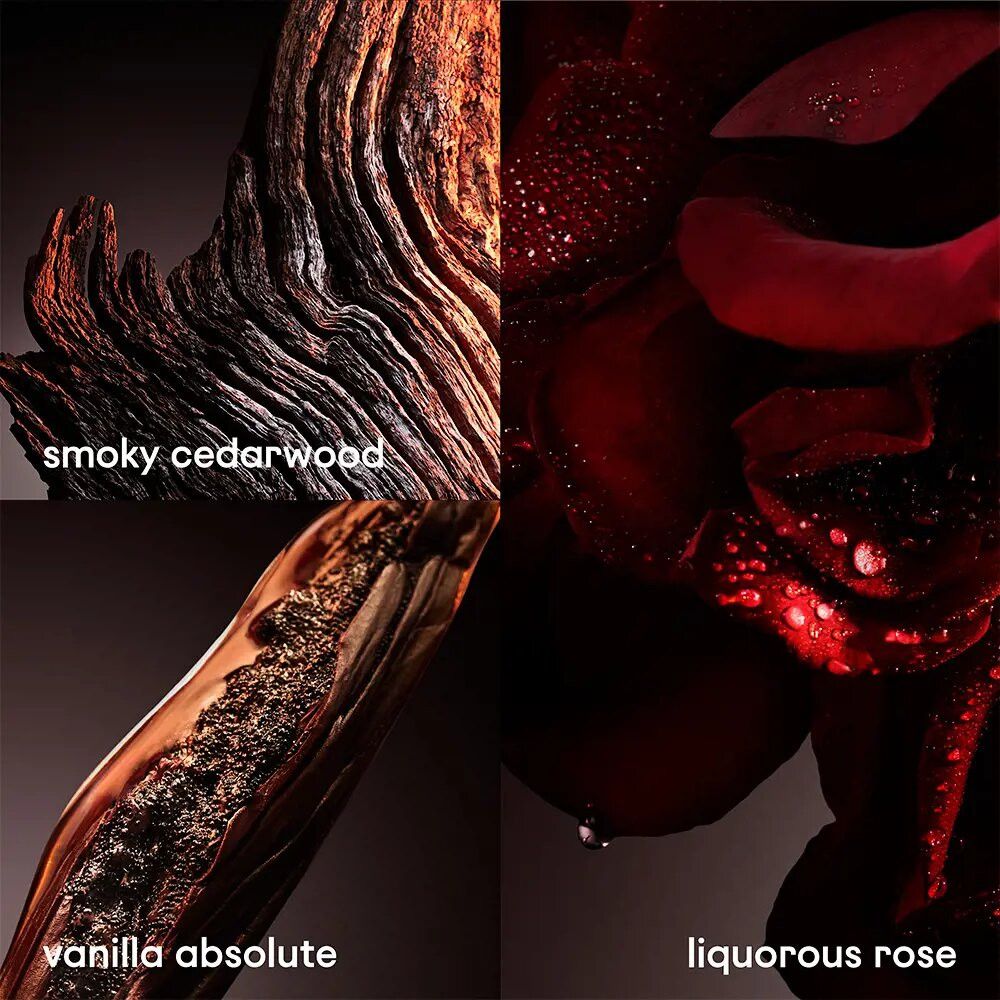 Close-up van ingrediënten. Smoky Cedarwood, Vanilla Absolute, Liquorous Rose. Donkere achtergrond, tekst.