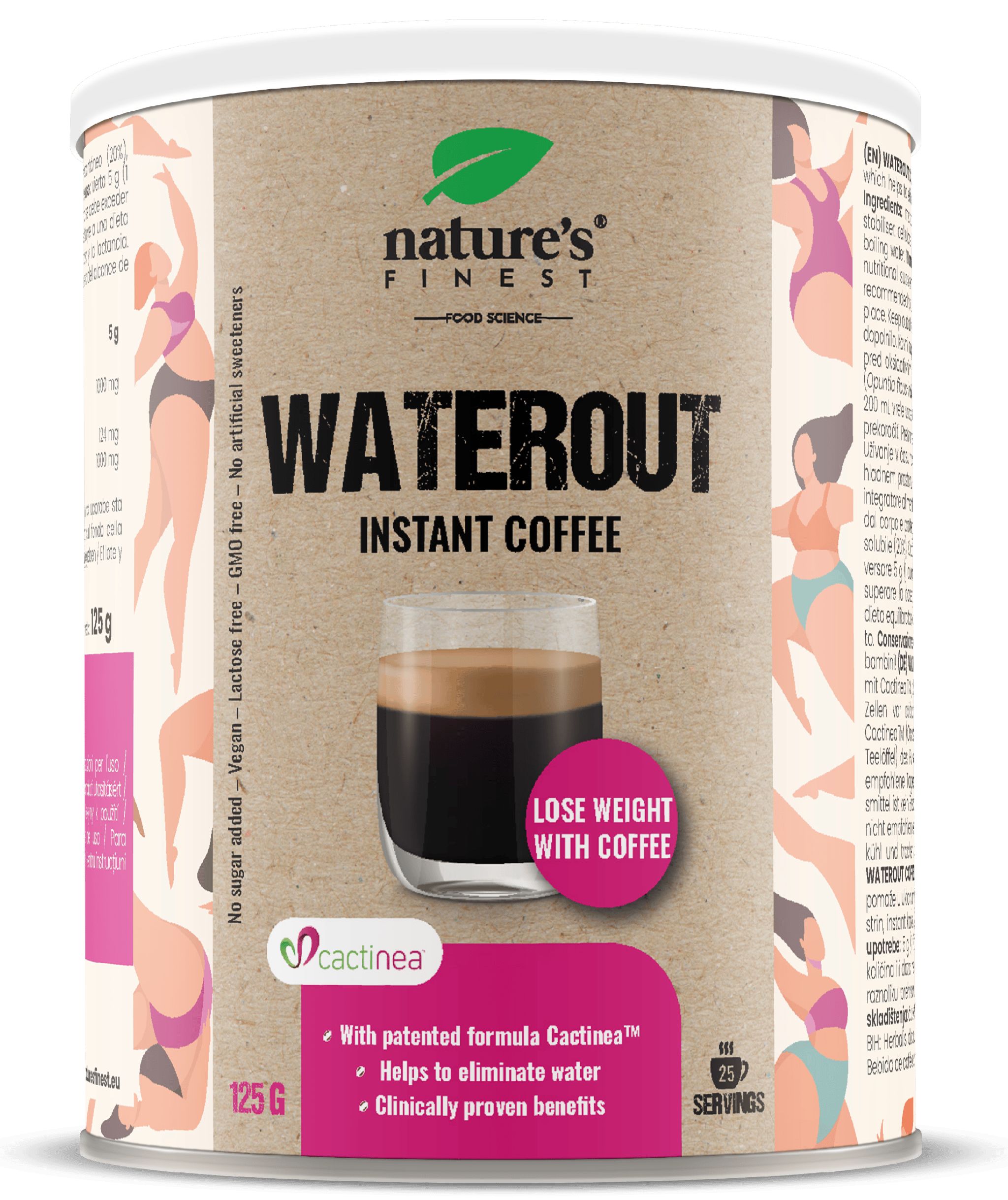 Blik "Nature's Finest Waterout Instant Coffee". Tekst: "Lose weight with coffee". Bevat 125g. Met Cactinea.