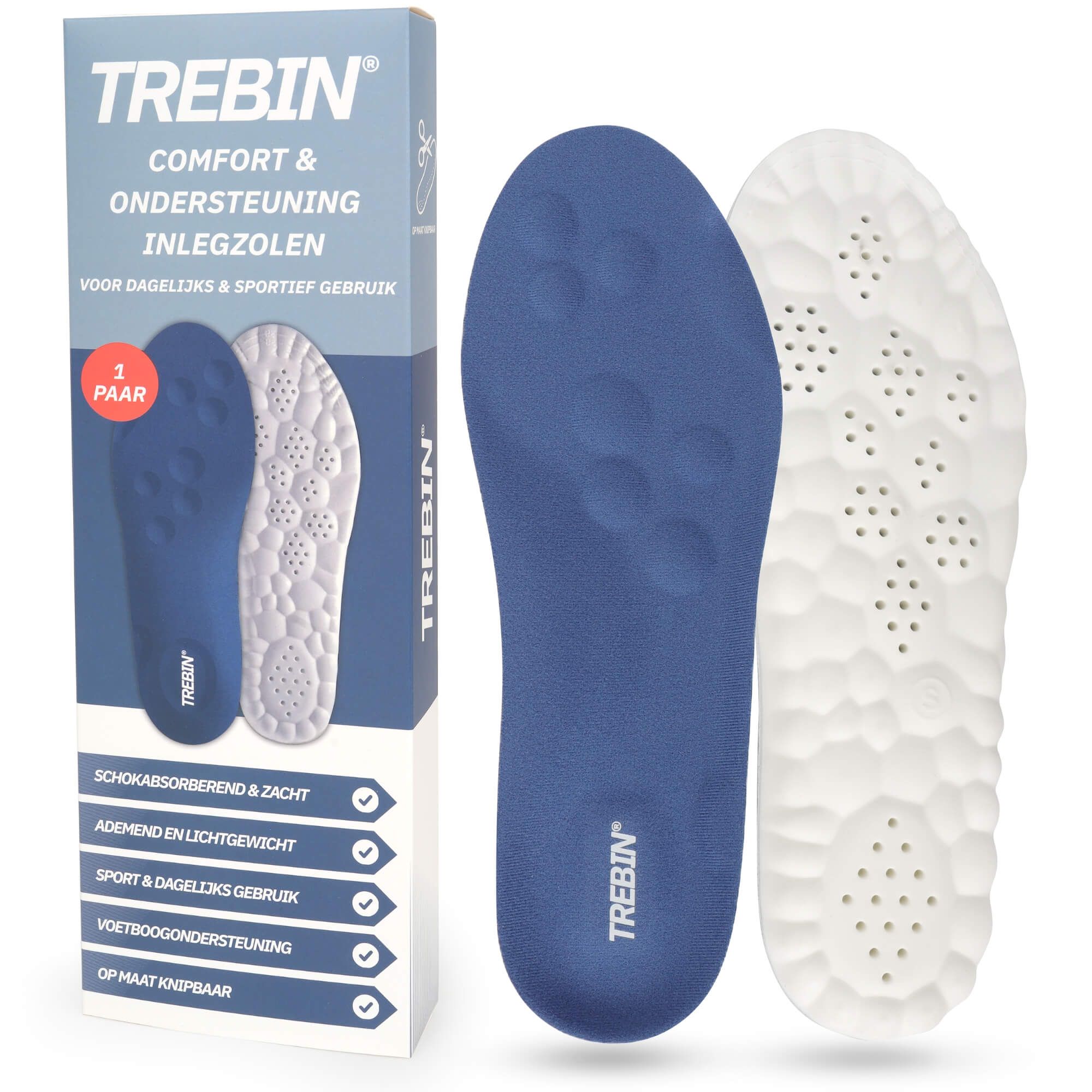 Semelle intérieure bleue et blanche avec trous d'aération et nom de marque TREBIN.