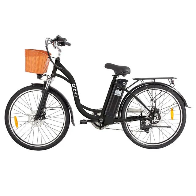 Vélo électrique noir avec panier, porte-bagages et batterie. Logo DYU sur le cadre. Panier orange.
