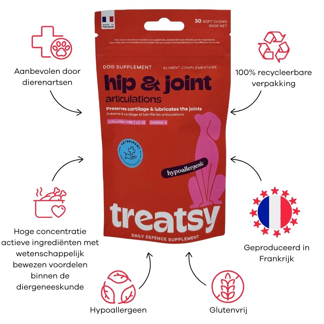 Rode zak voor honden. Tekst: Hip & Joint, Articulations. Logo: Aanbevolen door dierenartsen. Gemaakt in Frankrijk.