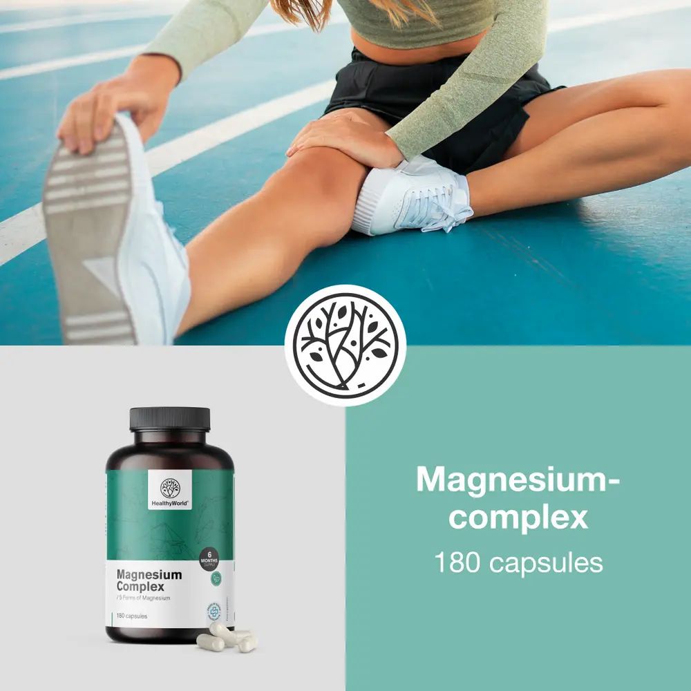 Reclamebeeld met vrouw. Fles met capsules rechts. Tekst: Magnesiumcomplex, 180 capsules. Tekst: Houd botten en tanden sterk.