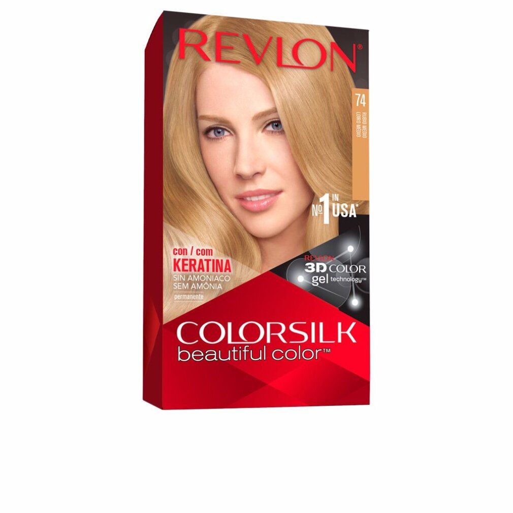 Boîte de coloration Revlon Colorsilk 74 Blond Moyen. Femme blonde sur l'emballage. Avec kératine, technologie 3D Color Gel.