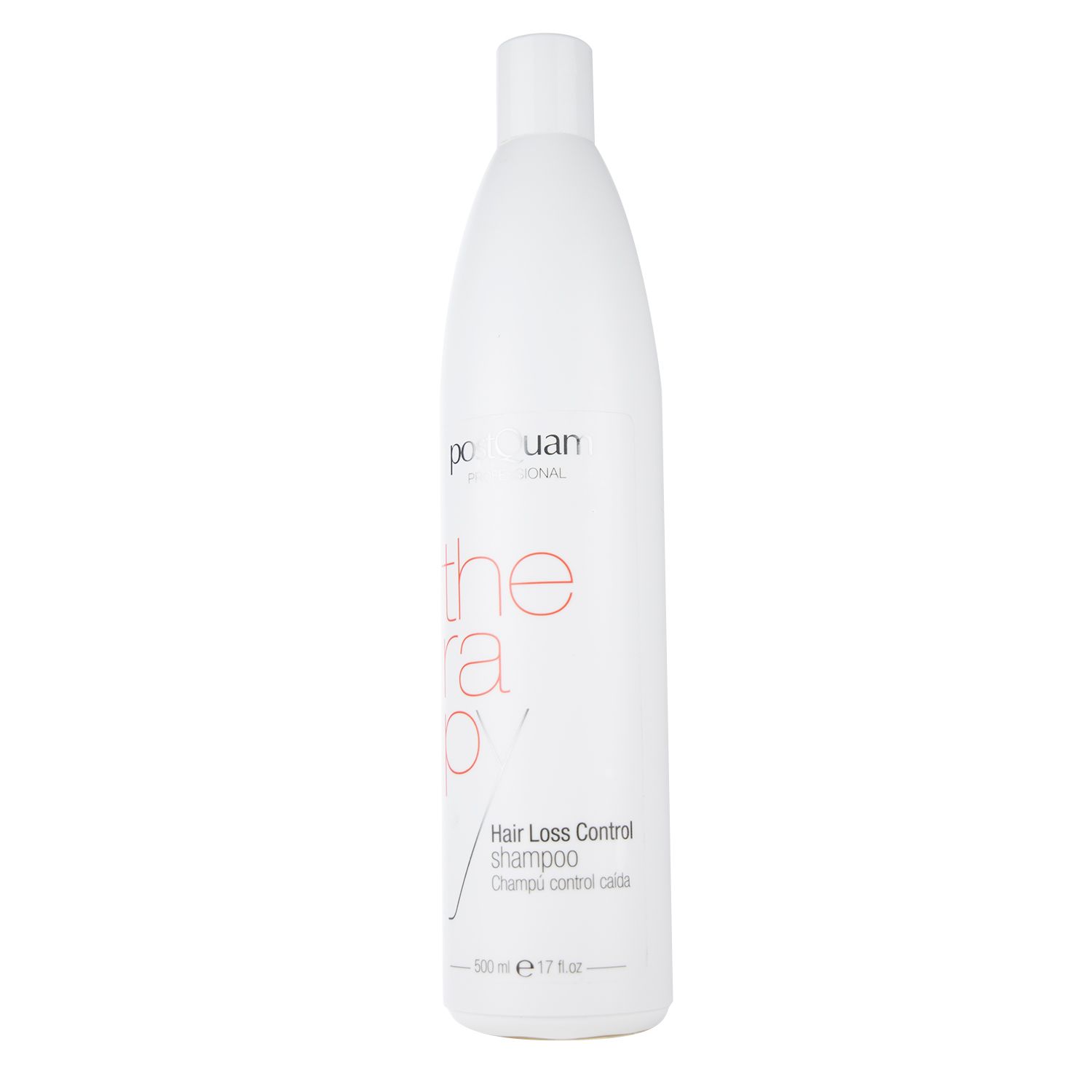 Witte fles met rode tekst. Tekst: Hair Loss Control Shampoo. Volume: 500 ml.