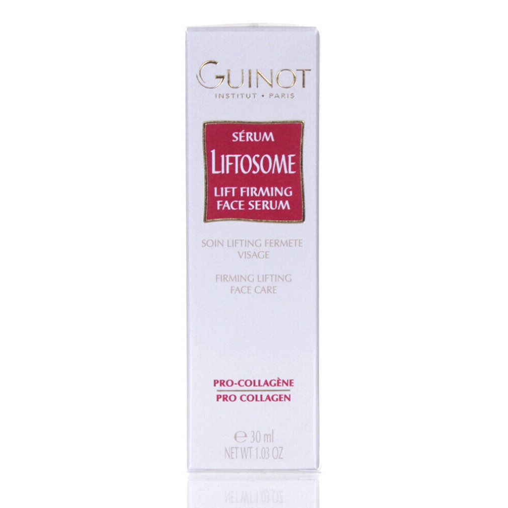 Emballage du sérum Liftosome Guinot. Blanc, rouge et doré. Texte: Sérum Liftosome, Pro-Collagen.
